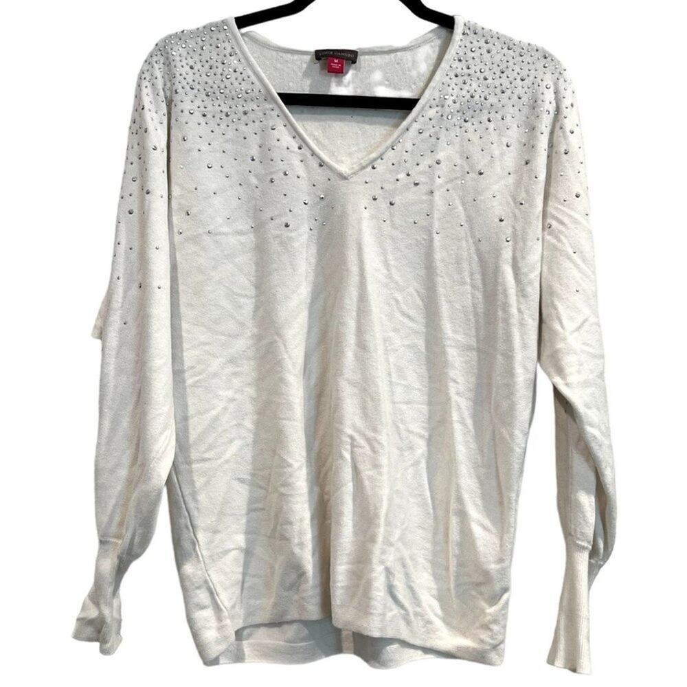 Vince Camuto Studded V-Neck Sweater M Cotton Modal Ivory Rhinestone Top